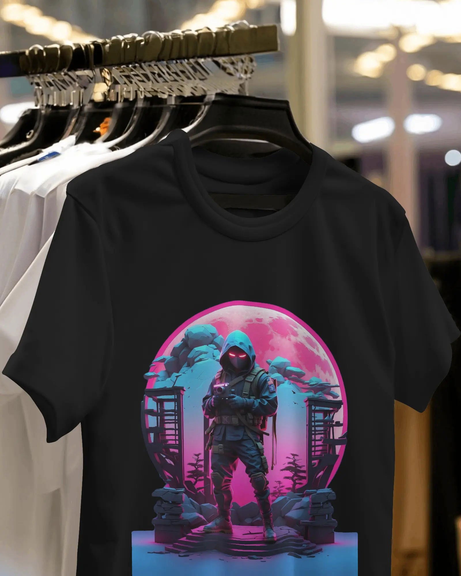 Midnight Sentinel Stealthy Neon Ninja With Camera - Premium Black Tshirt - AWBlack