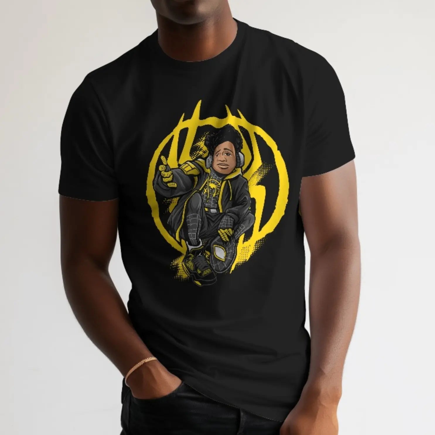 Miles Morales in Hoodie with Spidey Design - Premium Black T-Shirt for Spider-Man Fans - AWBlack