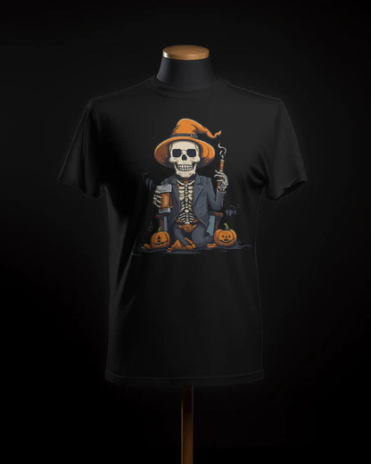 Pumpkin Party Pals: Skeleton Chillin' with Cigar & Beer - Premium Black Tshirt - AWBlack