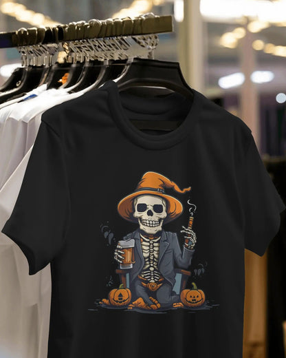 Pumpkin Party Pals: Skeleton Chillin' with Cigar & Beer - Premium Black Tshirt - AWBlack