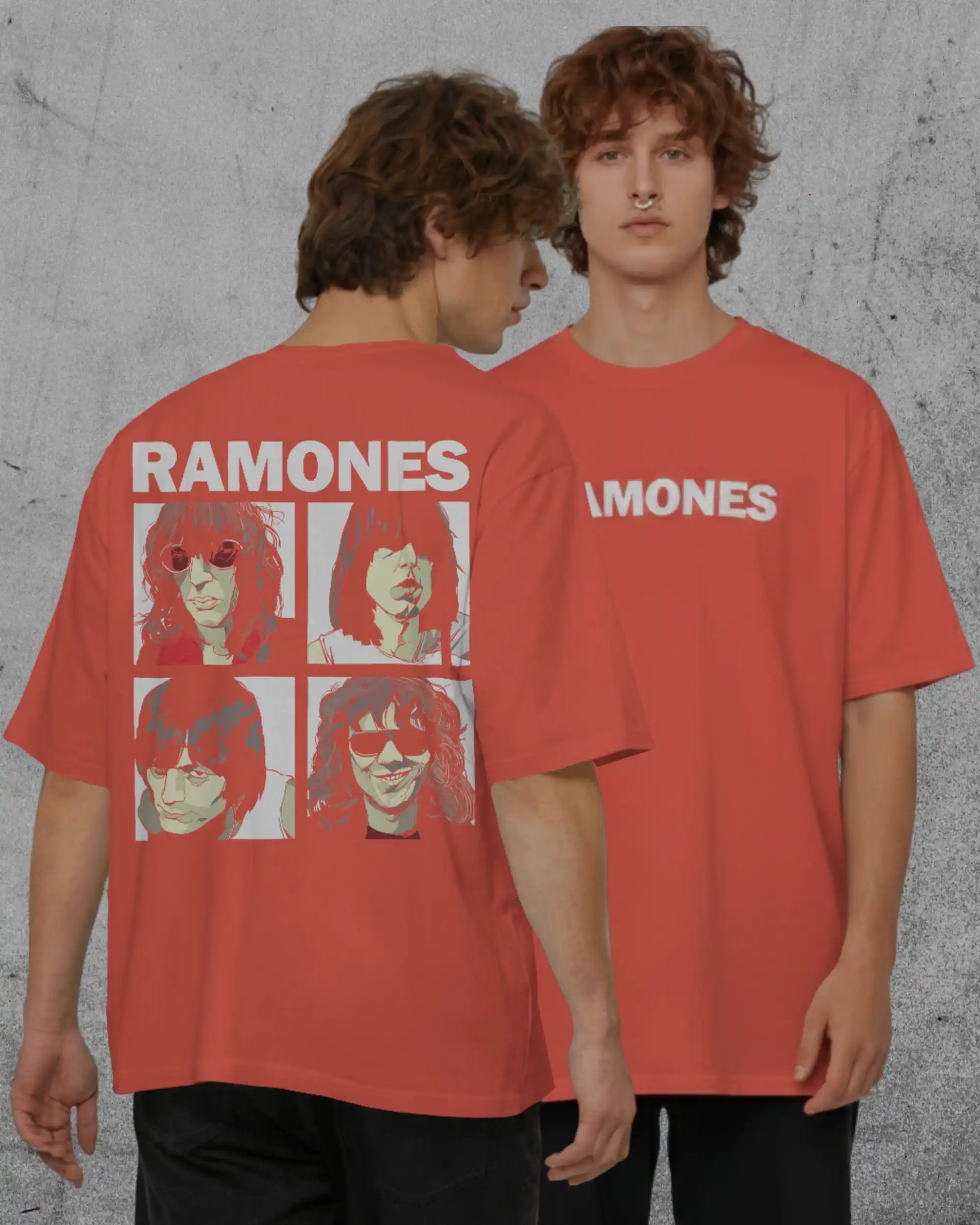 AWBlack plus size Ramones oversized t‑shirt in brick red 240 GSM cotton, featuring bold “RAMONES” text on front and band member graphic print on back, premium streetwear fit with durable fabric and relaxed comfort.