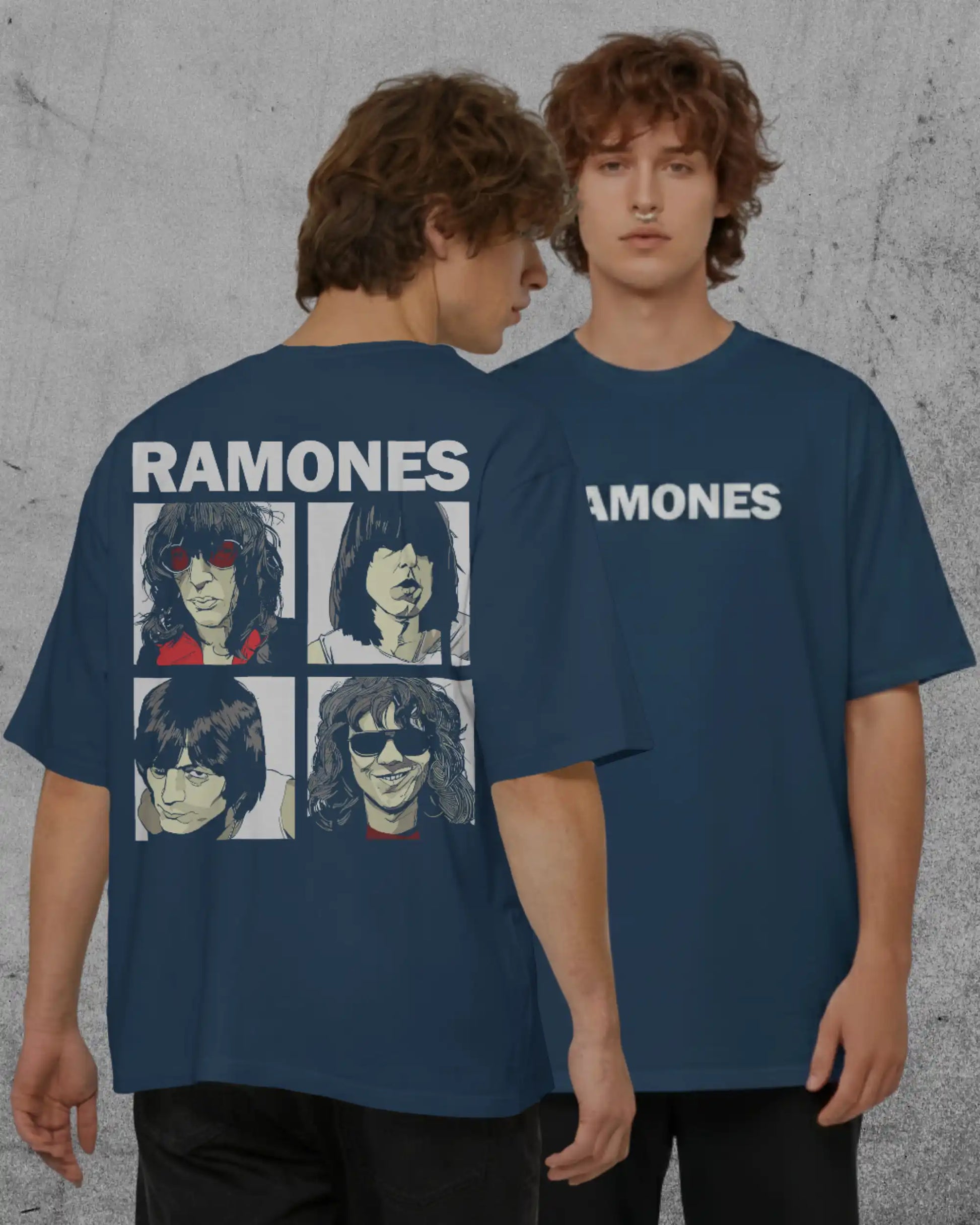 AWBlack plus size Ramones oversized t‑shirt in navy blue 240 GSM cotton, featuring bold “RAMONES” text on front and band member graphic print on back, premium streetwear fit for music lovers seeking relaxed comfort.
