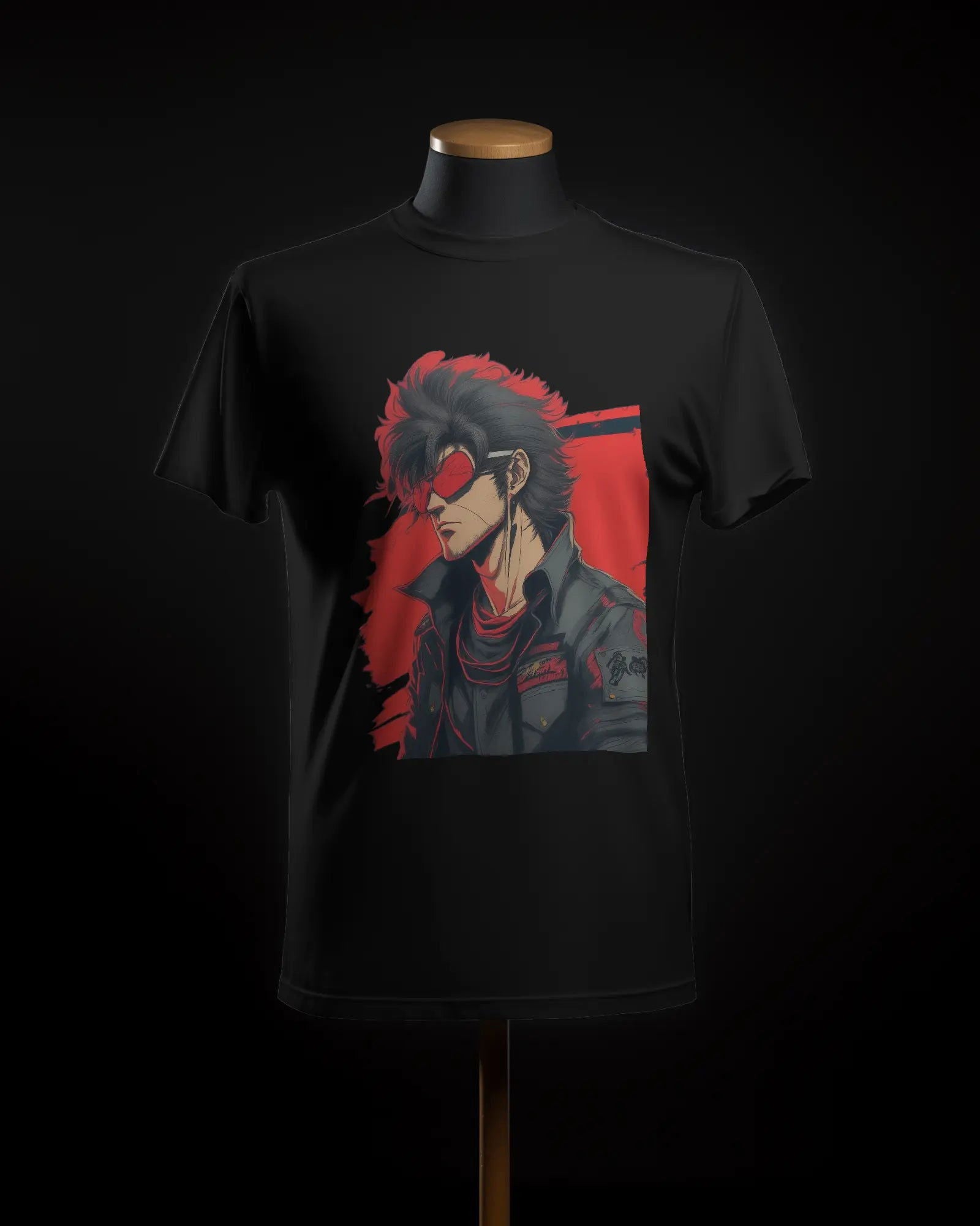 Retro Rebel Punk-Inspired Cool Guy on 80s Red Stripe Background - Premium Black Tshirt - AWBlack