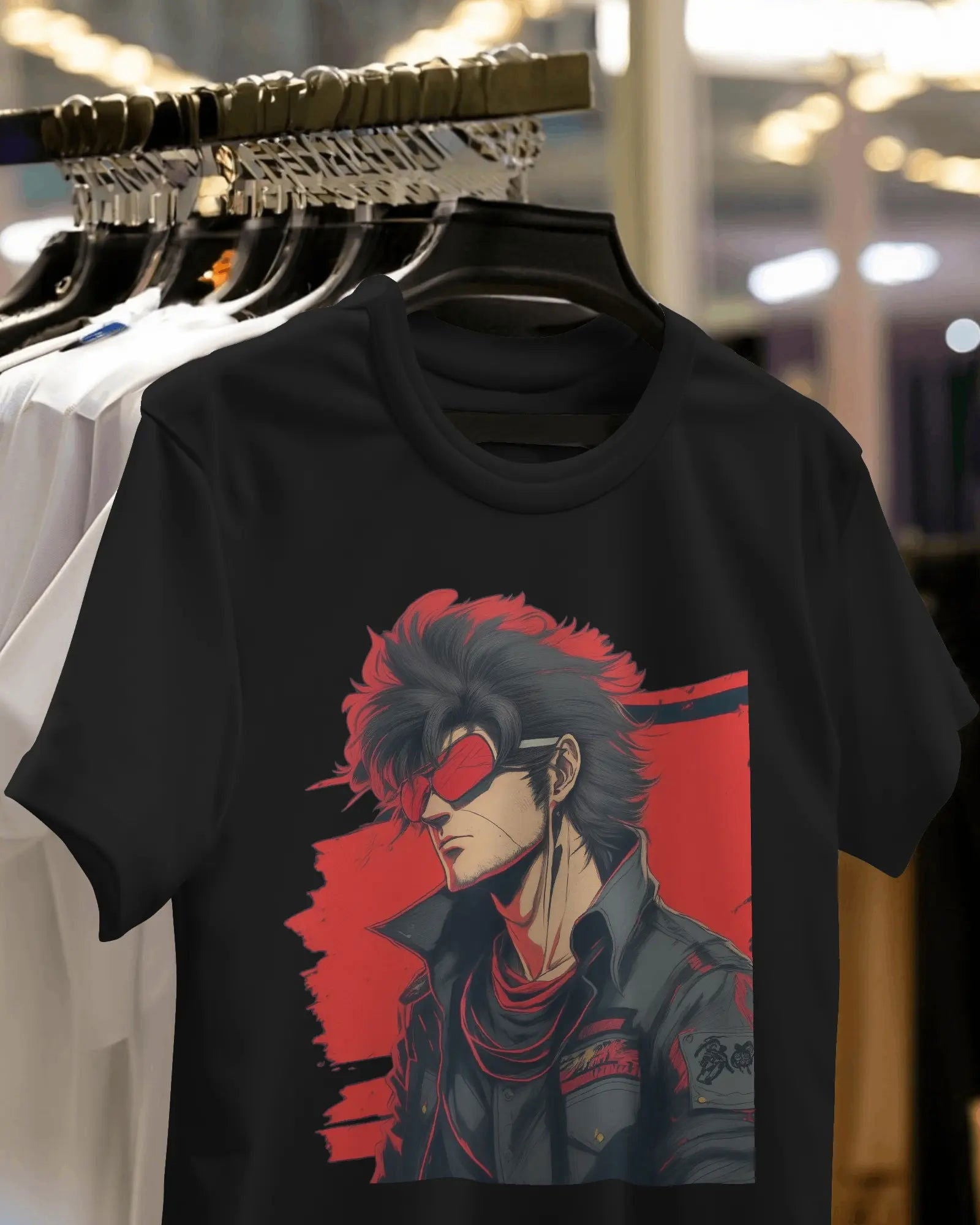 Retro Rebel Punk-Inspired Cool Guy on 80s Red Stripe Background - Premium Black Tshirt - AWBlack