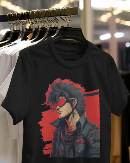 Retro Rebel Punk-Inspired Cool Guy on 80s Red Stripe Background - Premium Black Tshirt - AWBlack