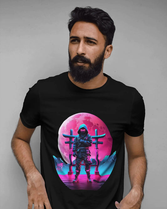 Sakura Sentinel Ninja in Neon Pink Moon at Torii Gate - Premium Black Tshirt - AWBlack