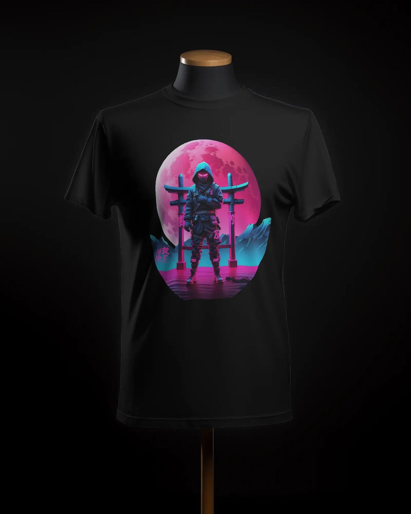 Sakura Sentinel Ninja in Neon Pink Moon at Torii Gate - Premium Black Tshirt - AWBlack