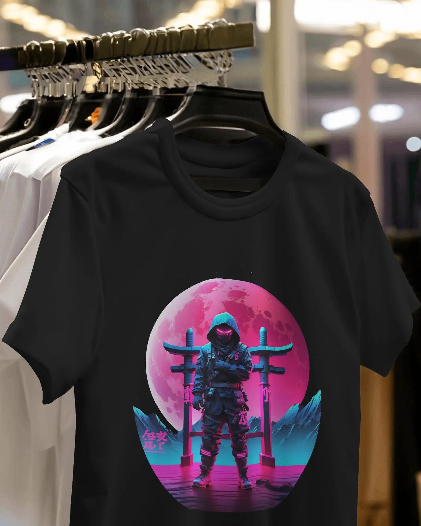 Sakura Sentinel Ninja in Neon Pink Moon at Torii Gate - Premium Black Tshirt - AWBlack