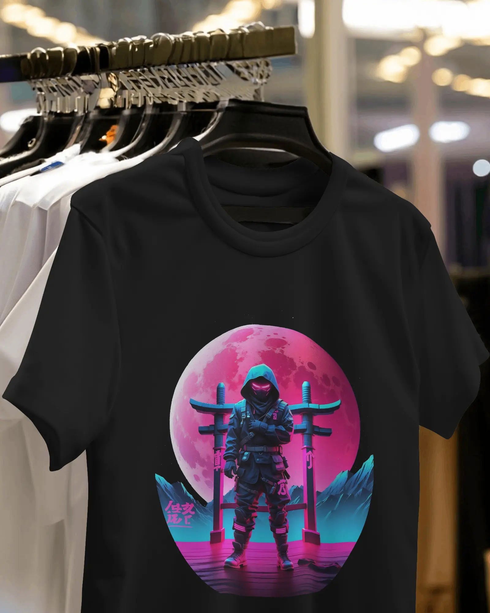 Sakura Sentinel Ninja in Neon Pink Moon at Torii Gate - Premium Black Tshirt - AWBlack