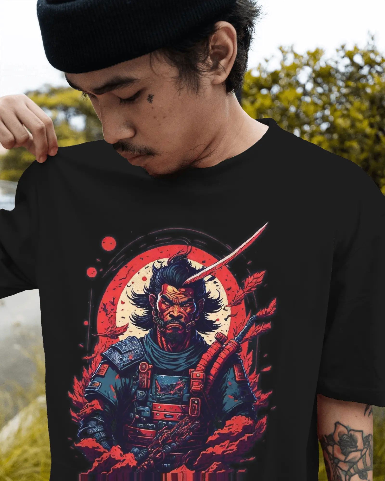 Scarlet Honor: AI-Enriched Samurai Stare - Premium Black Tshirt - AWBlack