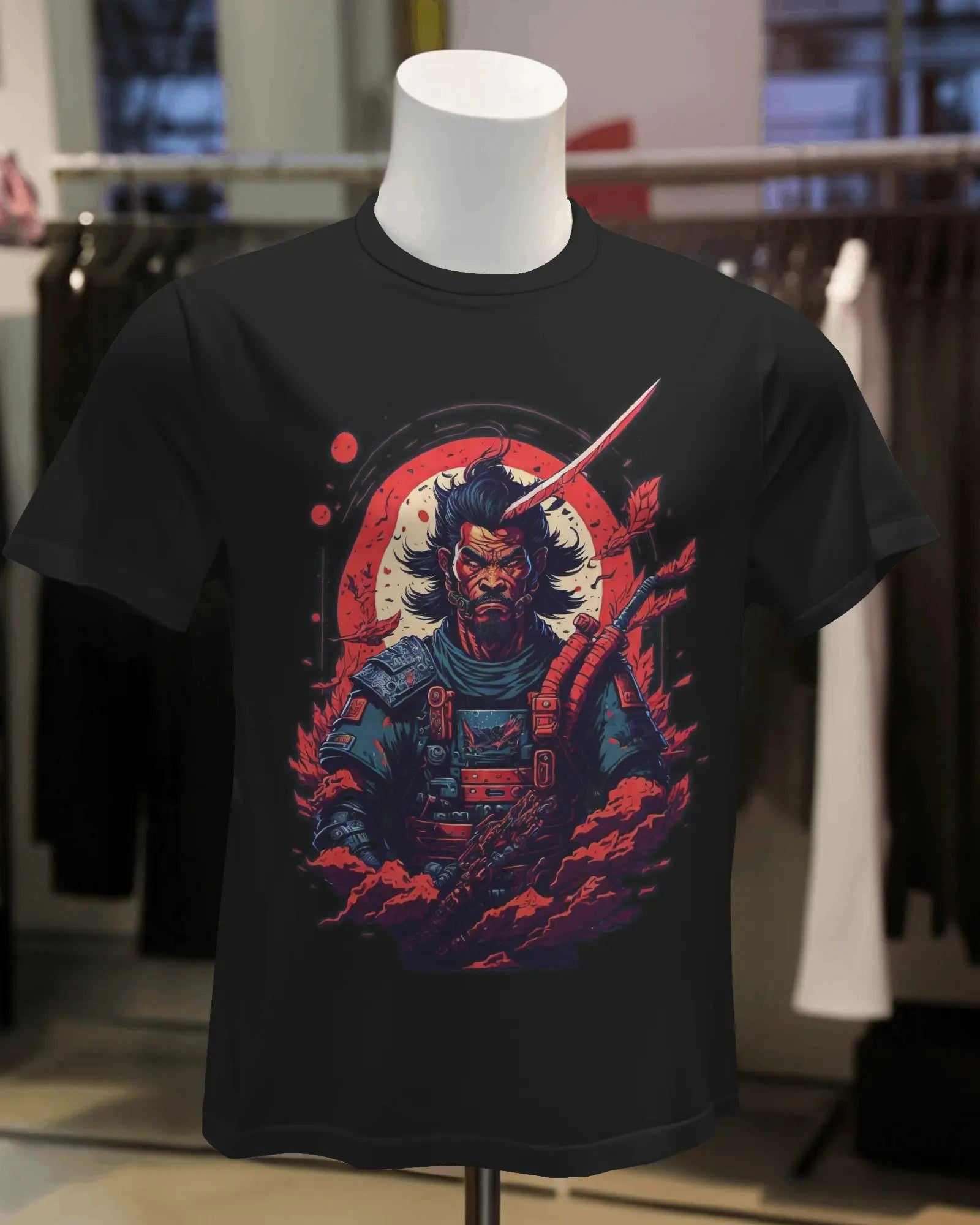Scarlet Honor: AI-Enriched Samurai Stare - Premium Black Tshirt - AWBlack