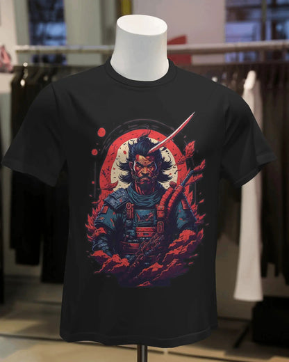 Scarlet Honor: AI-Enriched Samurai Stare - Premium Black Tshirt - AWBlack
