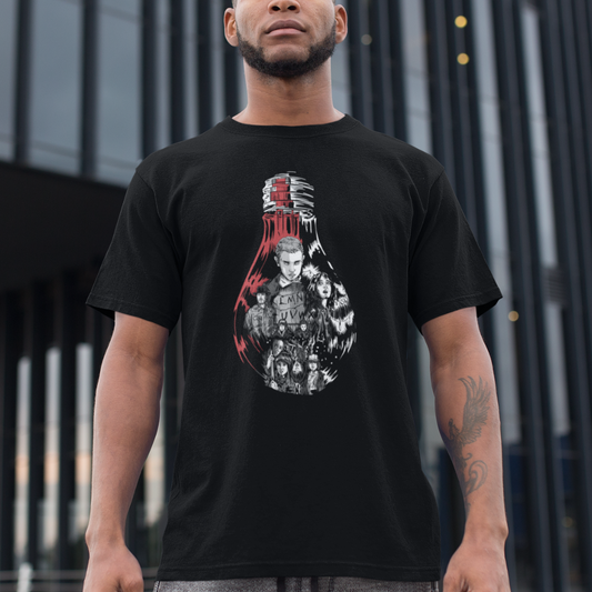 Stranger Things Cast in Glowing Bulb Design - Premium Black T-Shirt - AWBlack