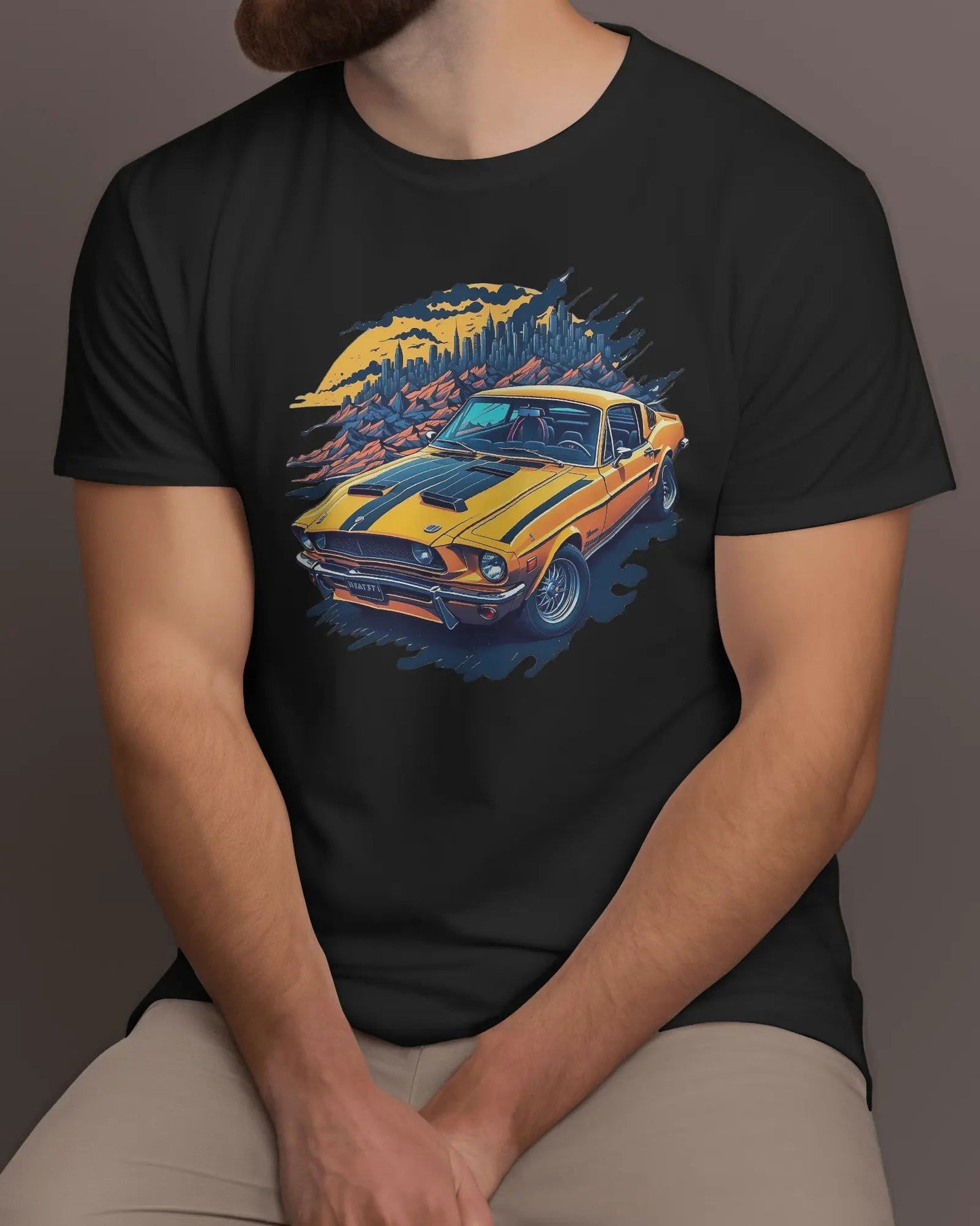 Sunrise Cruise Yellow Mustang Racing Amidst Rolling Hills - Premium Black Tshirt - AWBlack