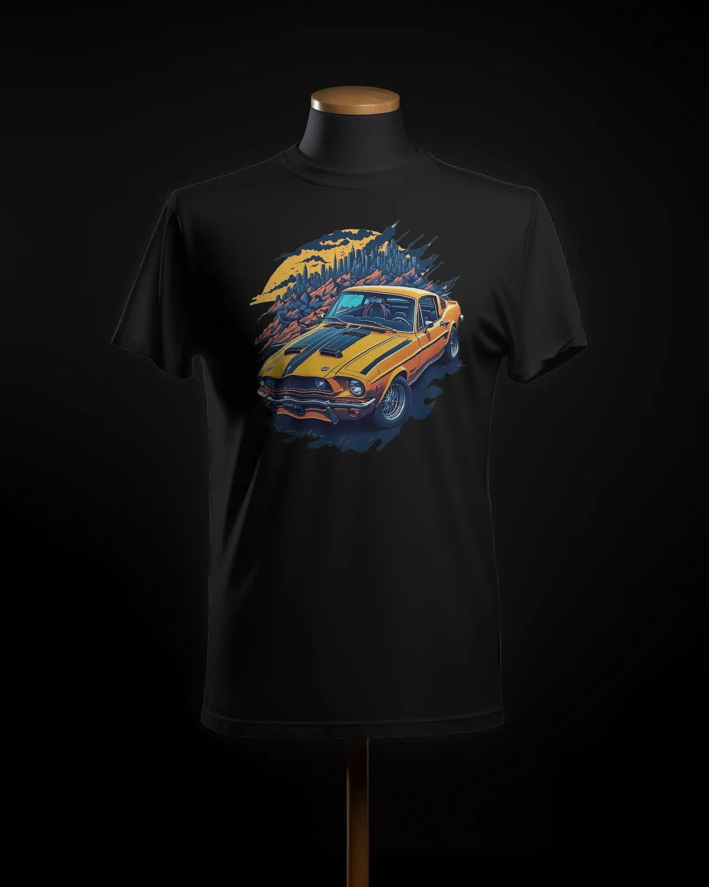 Sunrise Cruise Yellow Mustang Racing Amidst Rolling Hills - Premium Black Tshirt - AWBlack