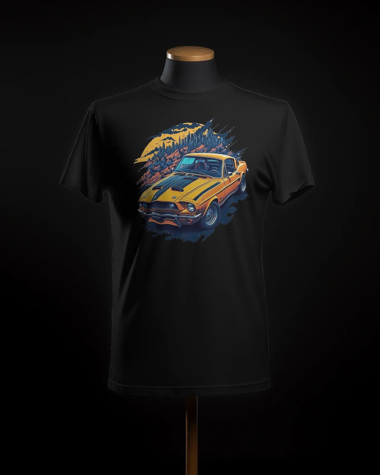 Sunrise Cruise Yellow Mustang Racing Amidst Rolling Hills - Premium Black Tshirt - AWBlack