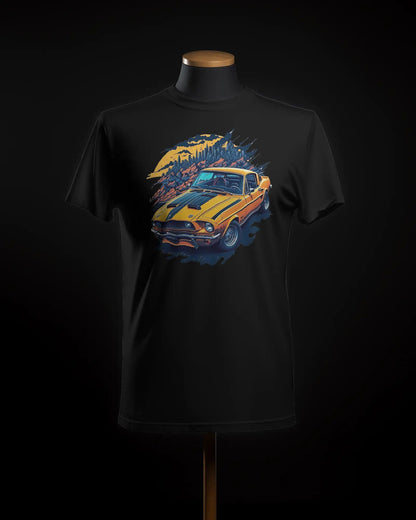 Sunrise Cruise Yellow Mustang Racing Amidst Rolling Hills - Premium Black Tshirt - AWBlack