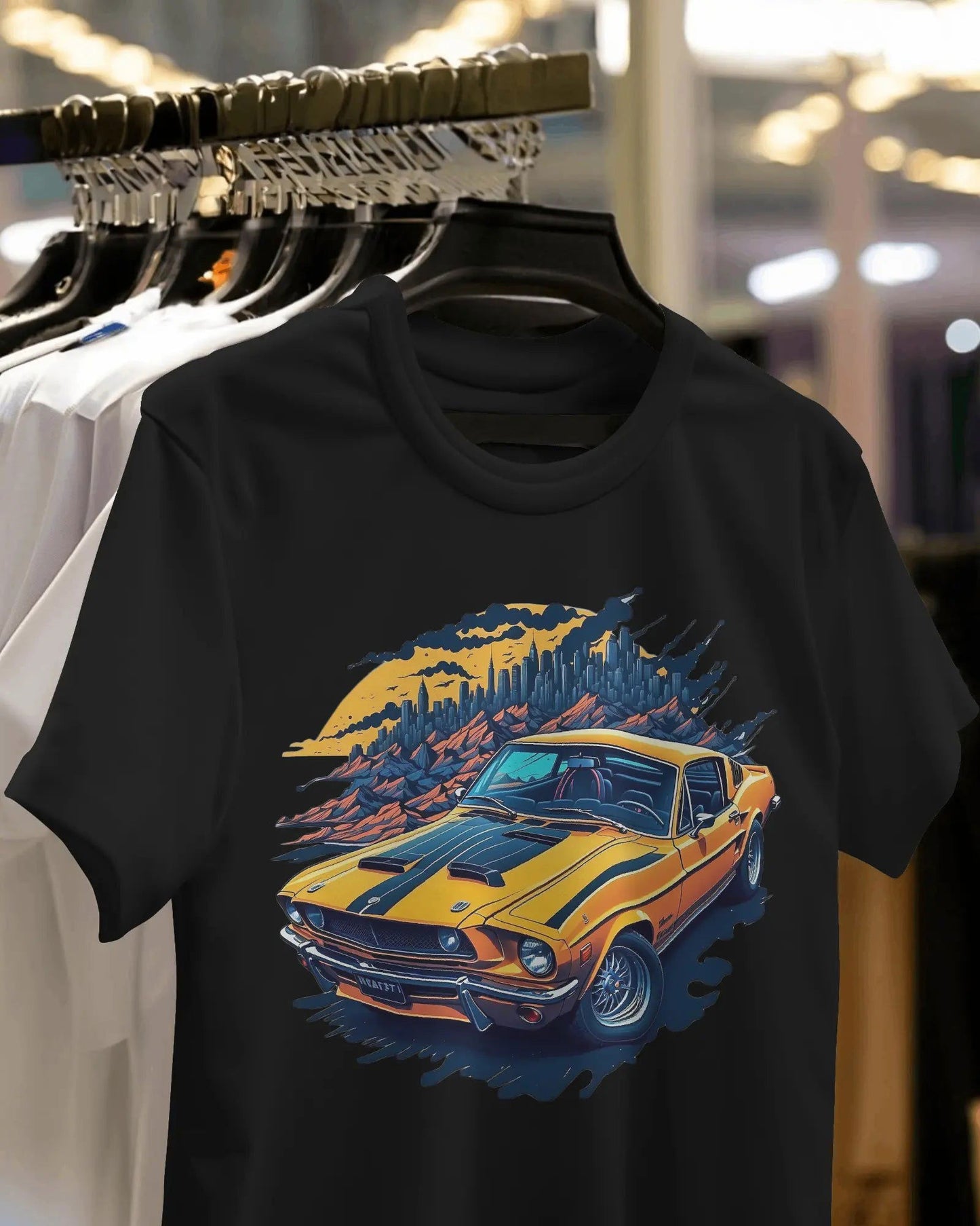 Sunrise Cruise Yellow Mustang Racing Amidst Rolling Hills - Premium Black Tshirt - AWBlack