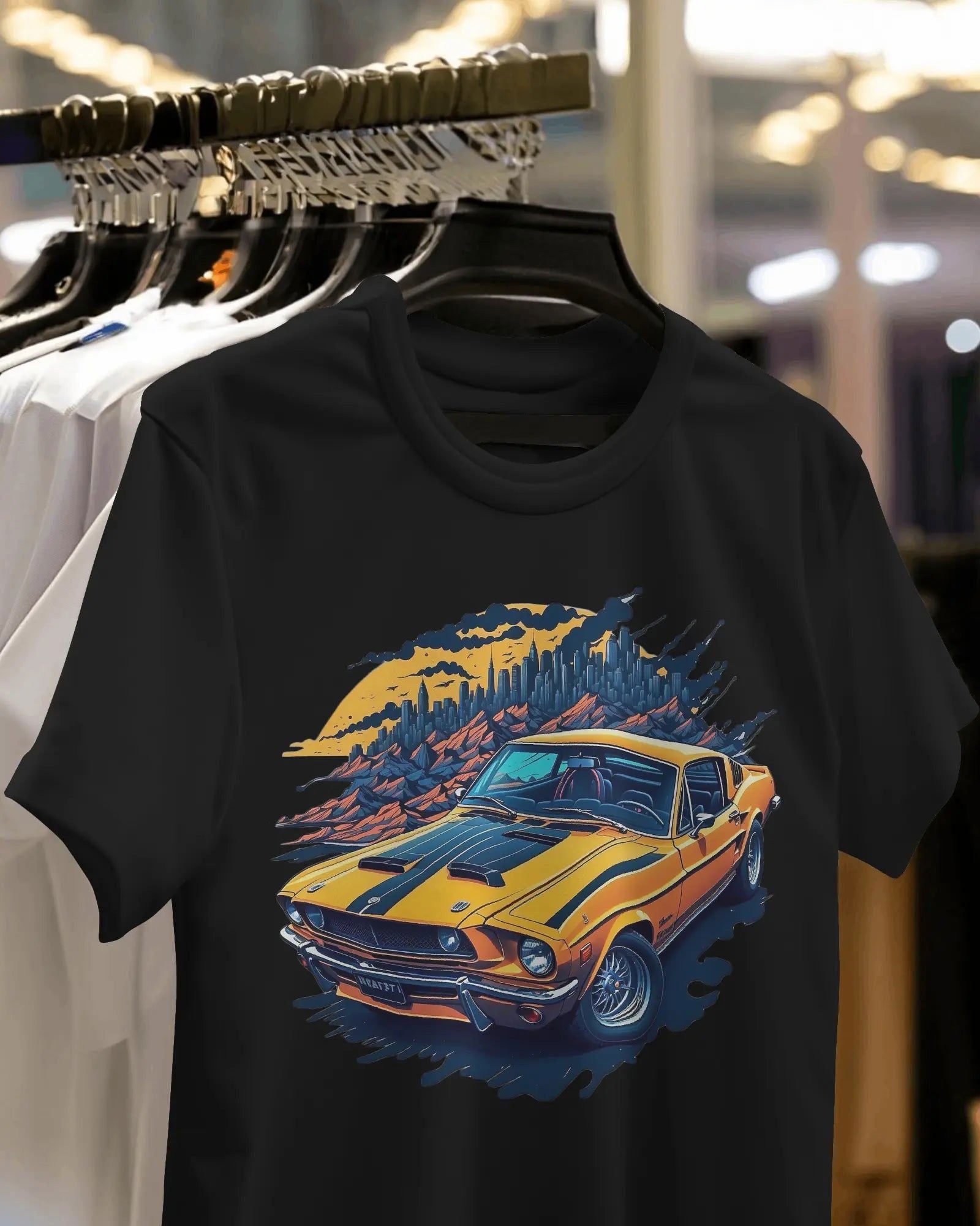 Sunrise Cruise Yellow Mustang Racing Amidst Rolling Hills - Premium Black Tshirt - AWBlack