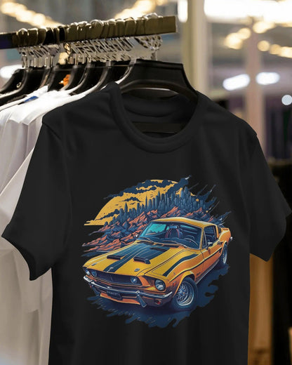 Sunrise Cruise Yellow Mustang Racing Amidst Rolling Hills - Premium Black Tshirt - AWBlack