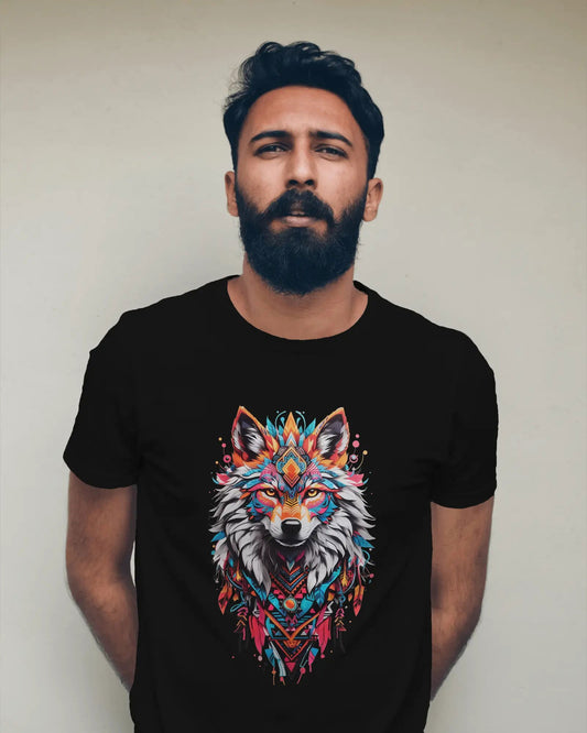 TribeTech Wolf: The AI-Woven Tapestry of Colors and Culture - Premium Black Tshirt - AWBlack