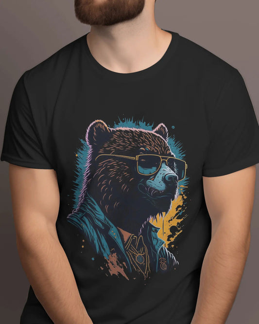 Urban Wilderness Vibes: Stylish Bear in Shades Rider Jacket - Premium Black Tshirt - AWBlack
