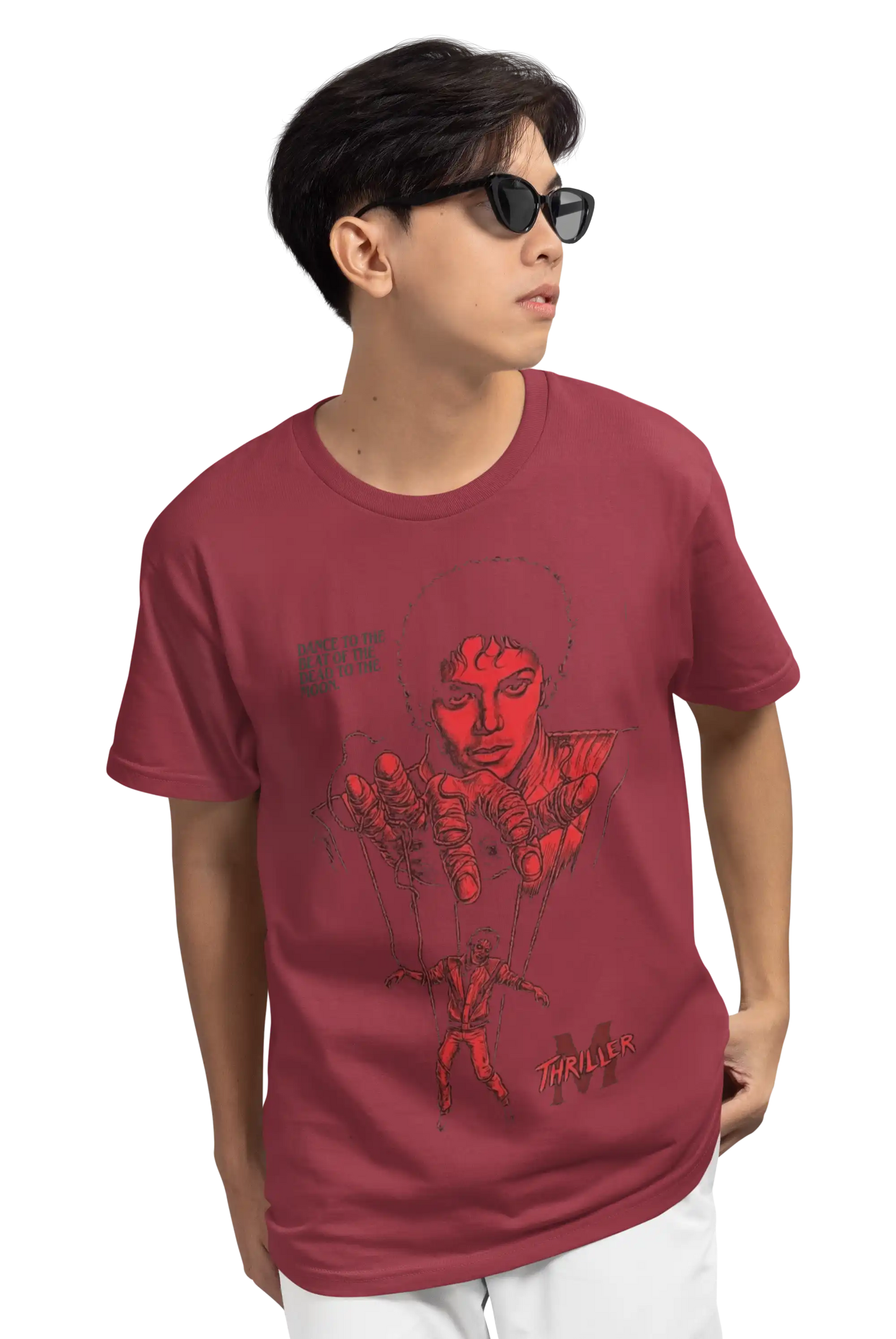 AWBlack Michael Jackson Thriller Vintage Music Puppet Graphic T-Shirt in Maroon | Premium 180 GSM Cotton | Multi-Fit Regular, Oversized & Plus Size S–7XL | Red Thriller Print Streetwear Tee for Men