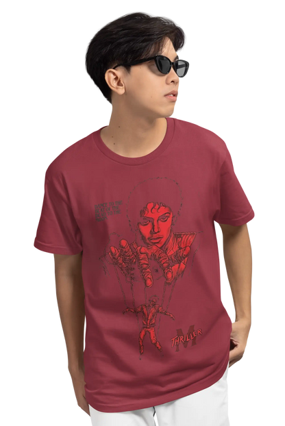 AWBlack Michael Jackson Thriller Vintage Music Puppet Graphic T-Shirt in Maroon | Premium 180 GSM Cotton | Multi-Fit Regular, Oversized & Plus Size S–7XL | Red Thriller Print Streetwear Tee for Men