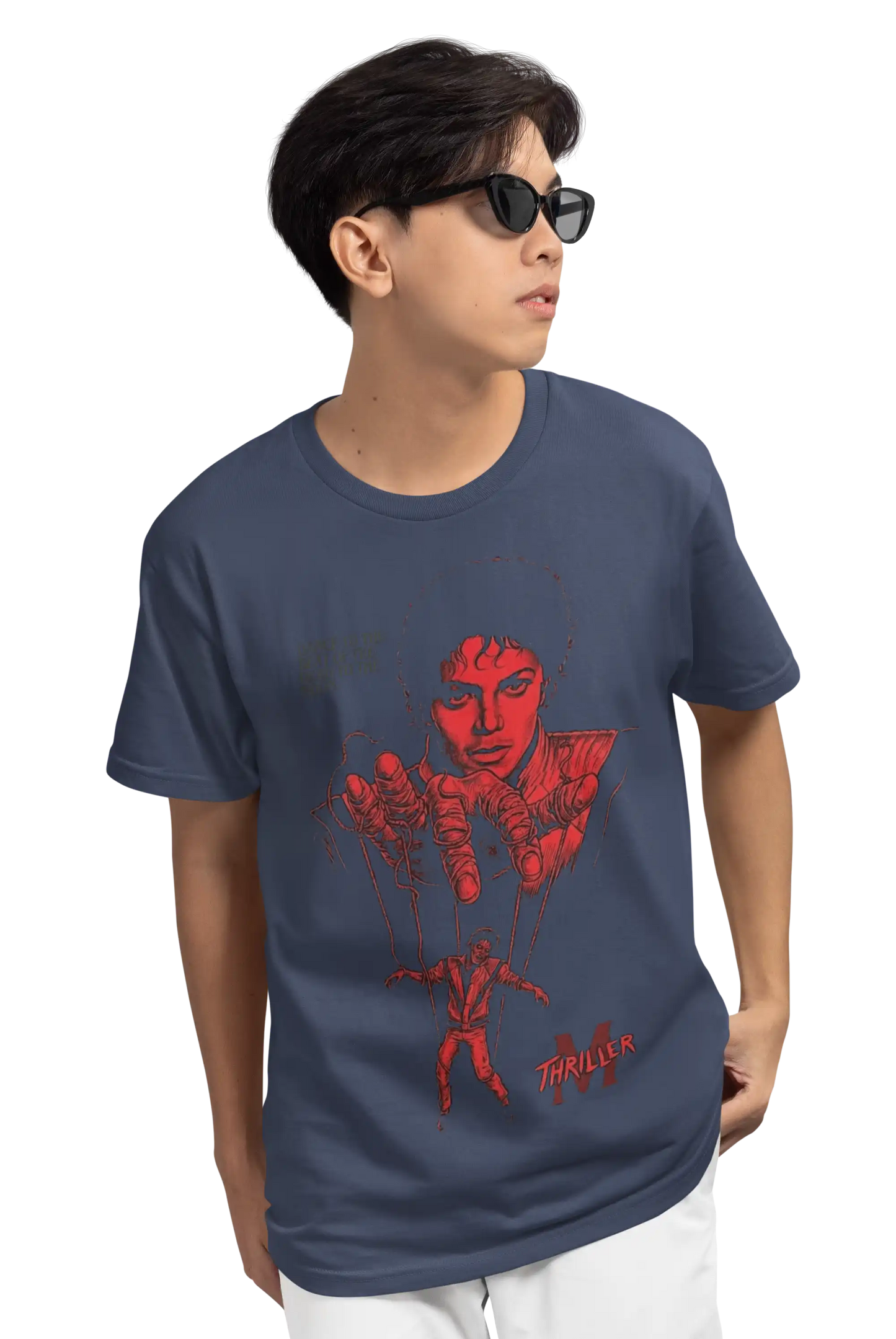 AWBlack Michael Jackson Thriller Vintage Music Puppet Graphic T-Shirt in Navy Blue | Premium 180 GSM Cotton | Multi-Fit Regular, Oversized & Plus Size S–7XL | Red Thriller Print Streetwear Tee for Men