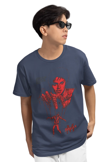 AWBlack Michael Jackson Thriller Vintage Music Puppet Graphic T-Shirt in Navy Blue | Premium 180 GSM Cotton | Multi-Fit Regular, Oversized & Plus Size S–7XL | Red Thriller Print Streetwear Tee for Men