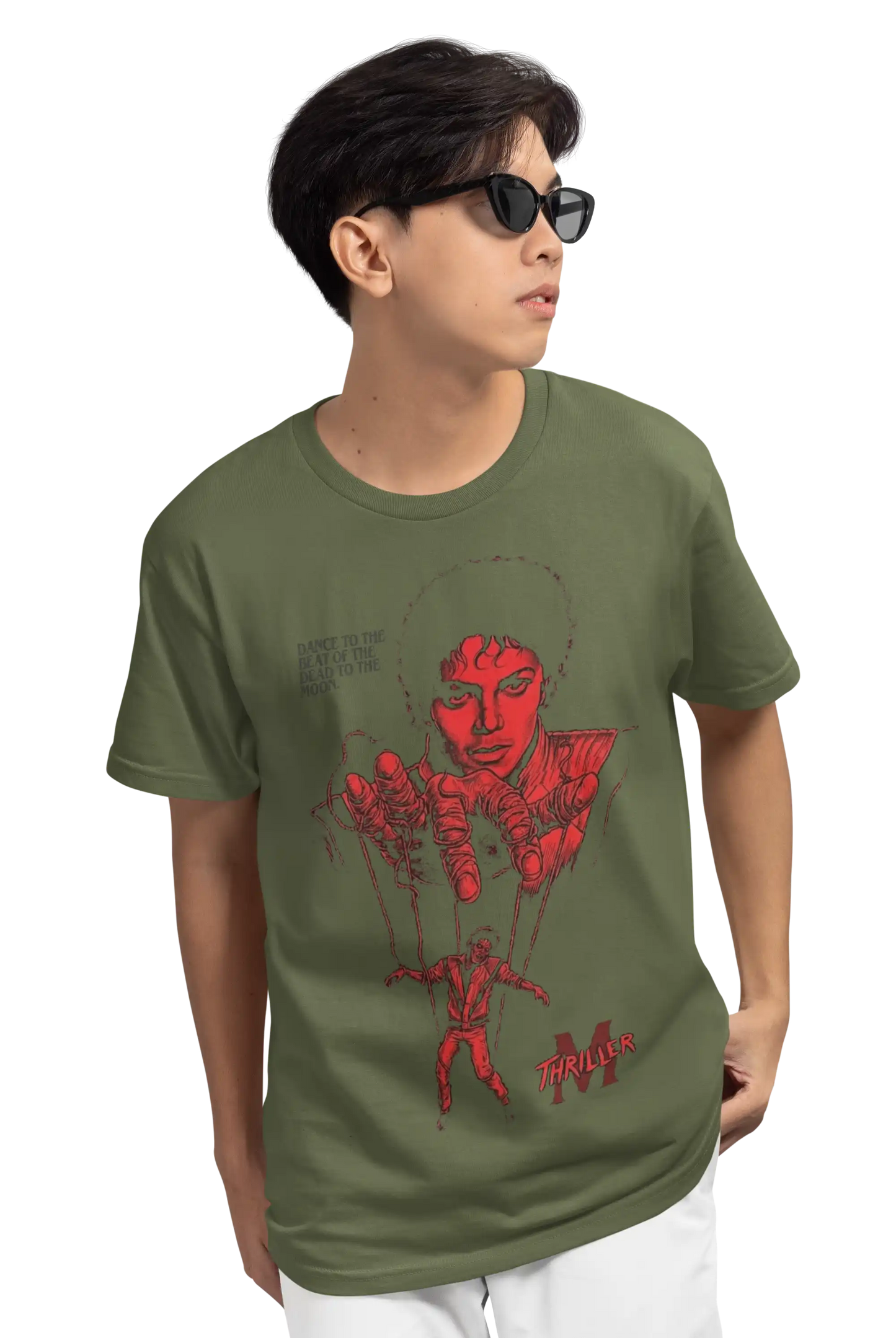 AWBlack Michael Jackson Thriller Vintage Music Puppet Graphic T-Shirt in Olive Green | Premium 180 GSM Cotton | Multi-Fit Regular, Oversized & Plus Size S–7XL | Red Thriller Print Streetwear Tee for Men