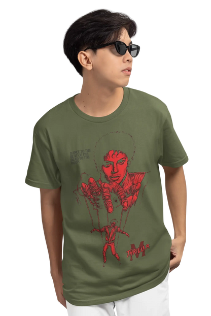 AWBlack Michael Jackson Thriller Vintage Music Puppet Graphic T-Shirt in Olive Green | Premium 180 GSM Cotton | Multi-Fit Regular, Oversized & Plus Size S–7XL | Red Thriller Print Streetwear Tee for Men