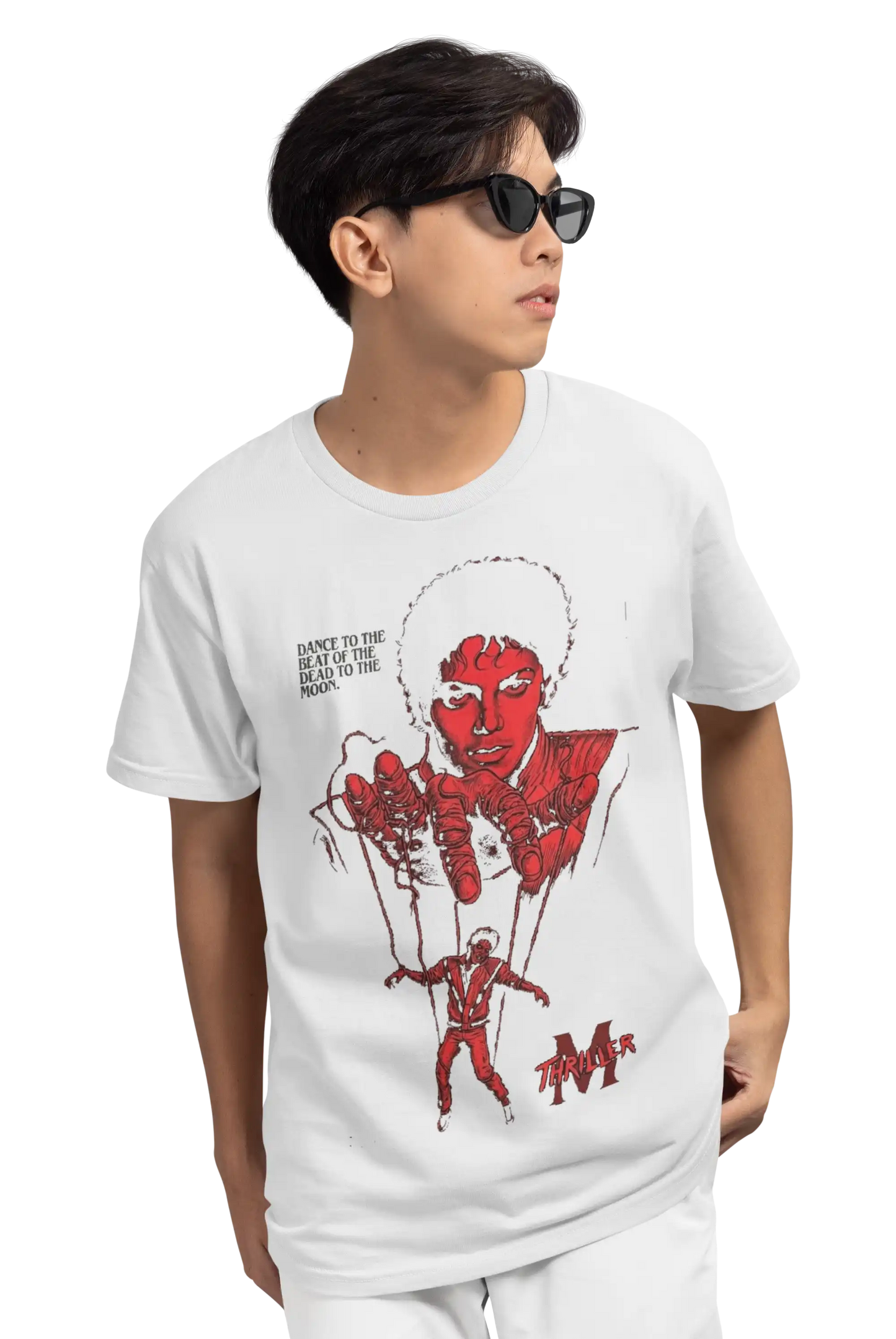 AWBlack Michael Jackson Thriller Vintage Music Puppet Graphic T-Shirt in White | Premium 180 GSM Cotton | Multi-Fit Regular, Oversized & Plus Size S–7XL | Red Thriller Print Streetwear Tee for Men