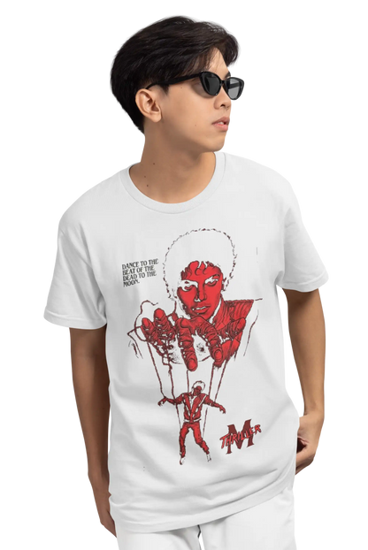 AWBlack Michael Jackson Thriller Vintage Music Puppet Graphic T-Shirt in White | Premium 180 GSM Cotton | Multi-Fit Regular, Oversized & Plus Size S–7XL | Red Thriller Print Streetwear Tee for Men