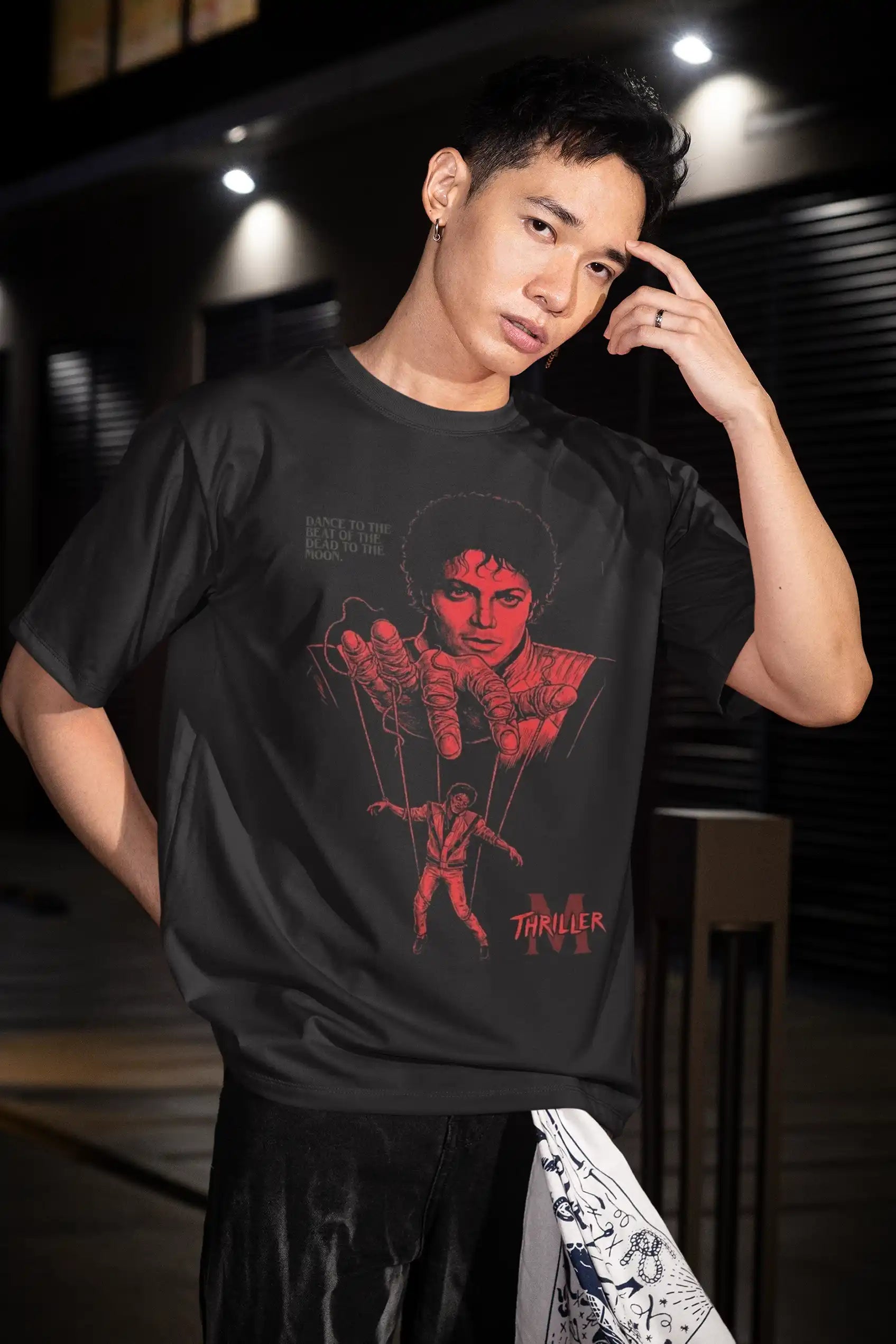AWBlack Michael Jackson Thriller Vintage Music Puppet Graphic T-Shirt in Black | Premium 180 GSM Cotton | Multi-Fit Regular, Oversized & Plus Size S–7XL | Red Thriller Print Streetwear Tee for Men